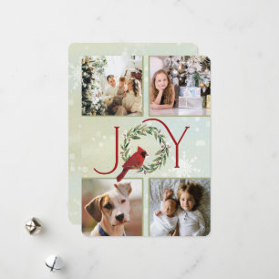 Christmas JOY Custom 4 Photos Cardinal in Wreath  Holiday Card