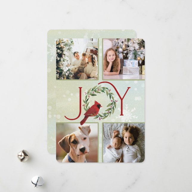 Christmas JOY Custom 4 Photos Cardinal in Wreath  Holiday Card (Front/Back In Situ)