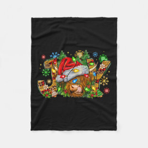 Christmas Joy Cute Highland Cow With Santa Hat Xma Fleece Blanket