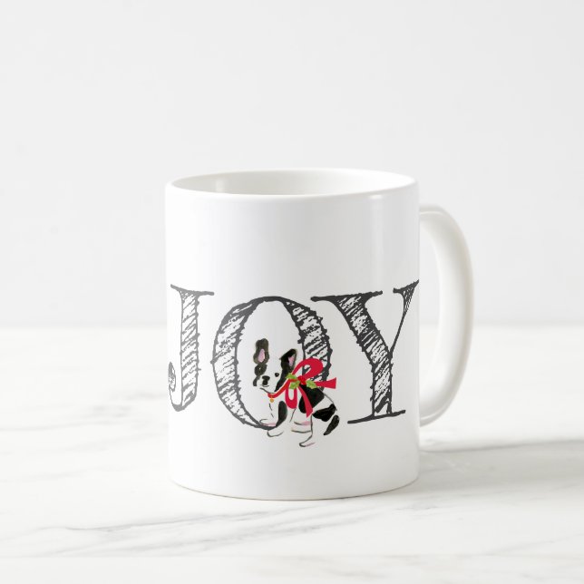 Christmas JOY Dog Holly Bow Festive Holiday Fun Coffee Mug (Front Right)