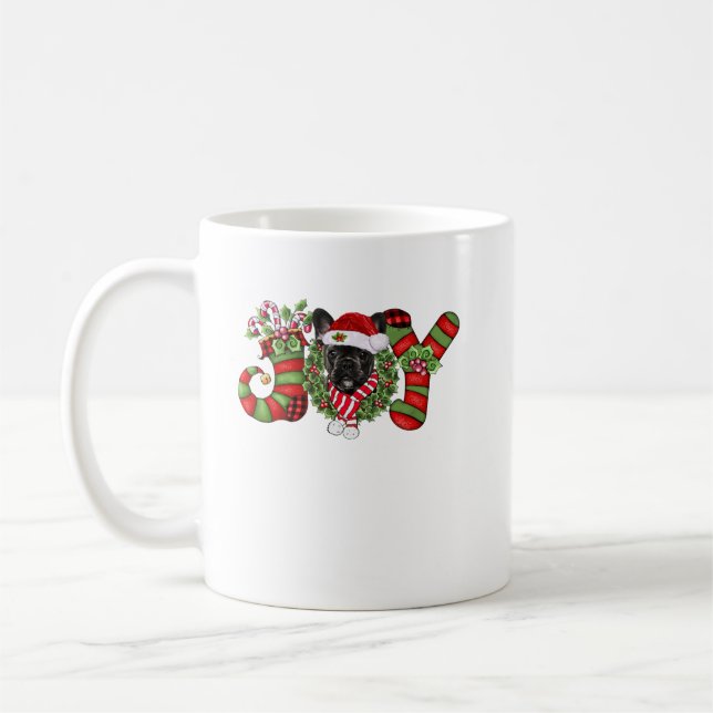 Christmas Joy Dwarf Stocking Black French Bulldog Coffee Mug (Left)
