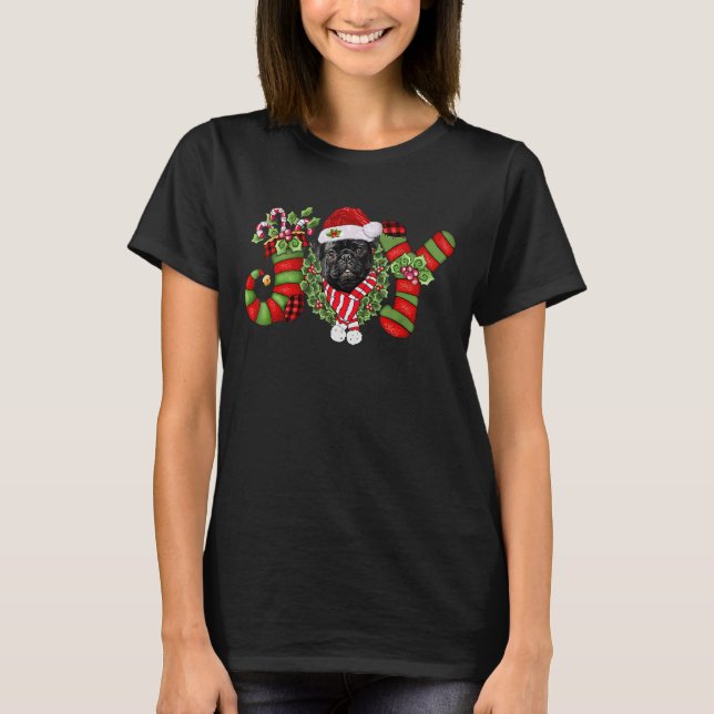 Christmas Joy Dwarf Stocking Black Pug T-Shirt (Front)