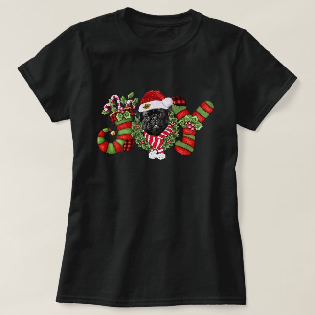 Christmas Joy Dwarf Stocking Black Pug T-Shirt (Design Front)