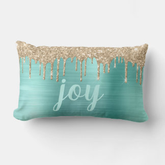 Christmas Joy Glitter Drips Teal Metallic Lumbar Cushion
