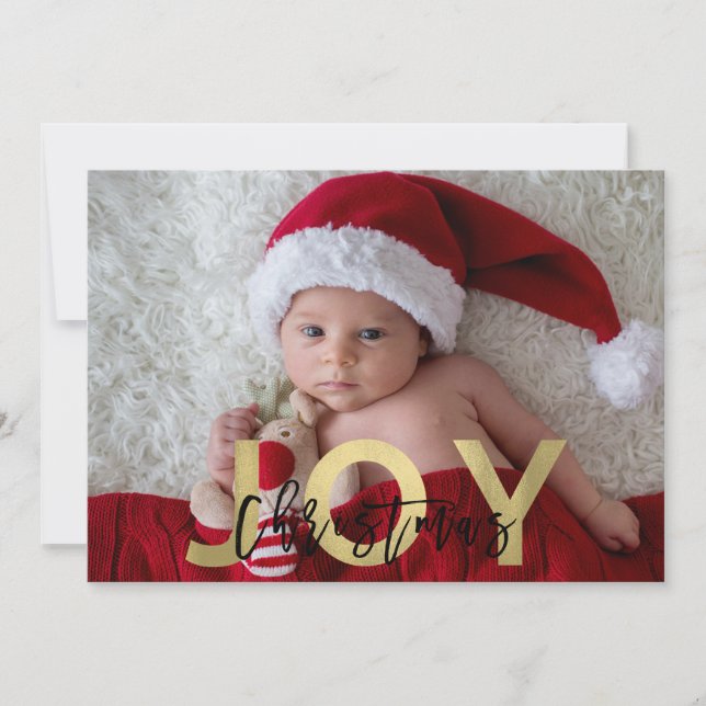 CHRISTMAS JOY Gold Foil & Black Modern Photo Holiday Card (Front)