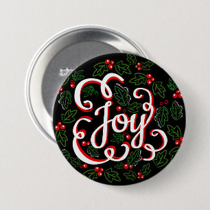 Christmas Joy Holly Berries & Leaves 7.5 Cm Round Badge