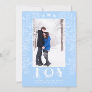 Christmas Joy Modern Floral Line Art Blue Photo Holiday Card