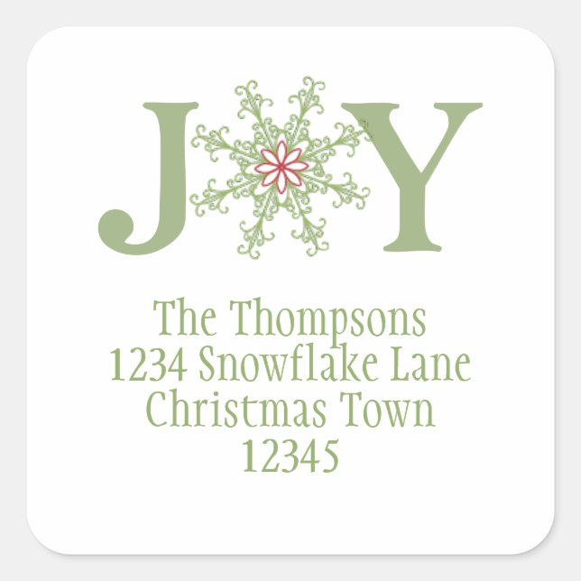 Christmas Joy Modern Snowflake Return Address Square Sticker (Front)