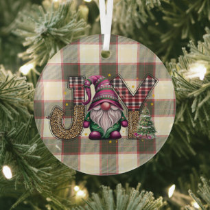 Christmas Joy Nordic Gnome Plaid Girly Glass Tree Decoration