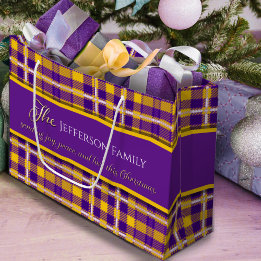 Christmas joy peace love purple yellow tartan large gift bag