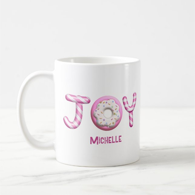 Christmas Joy | Pink Candy Cane Personalised  Coffee Mug (Left)
