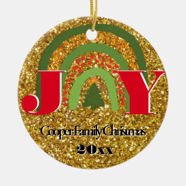  Christmas Joy red gold green rainbow personalise Ceramic Tree Decoration (Front)