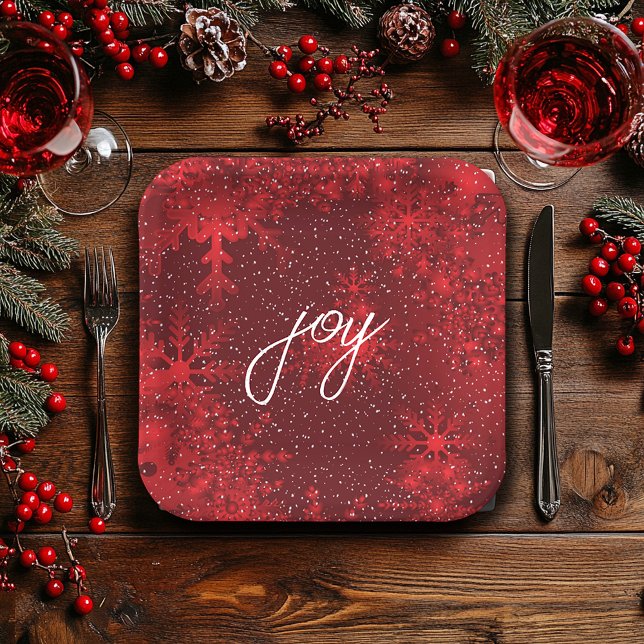 Christmas Joy Red Snowflakes Falling Snow  Paper Plate (Creator Uploaded)
