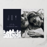 Christmas Joy. Silver navy blue winter woodland<br><div class="desc">"Joy" Silver woodland Christmas photo card in blue navy colour for winter holiday.</div>