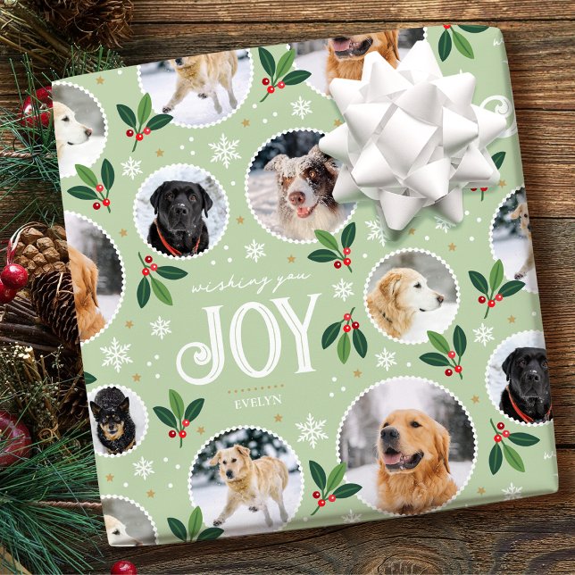 Christmas Joy Snowflake Cute Photo Collage Green Wrapping Paper (Creator Uploaded)