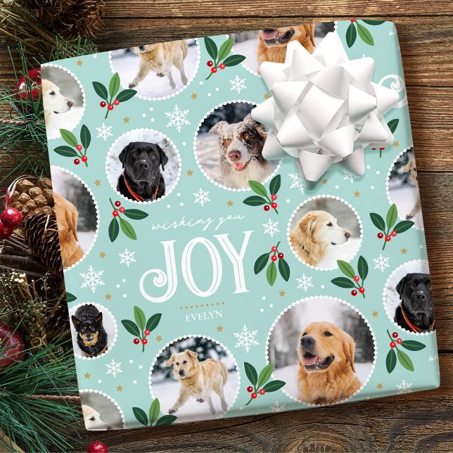 Christmas Joy Snowflake Cute Photo Collage Mint Wrapping Paper (Creator Uploaded)