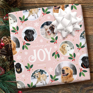 Christmas Joy Snowflake Photo Collage Pastel Pink Wrapping Paper