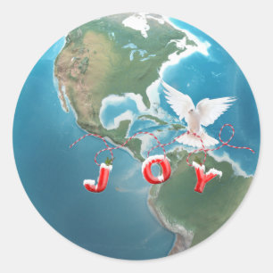 Christmas JOY White Dove on Globe Classic Round Sticker