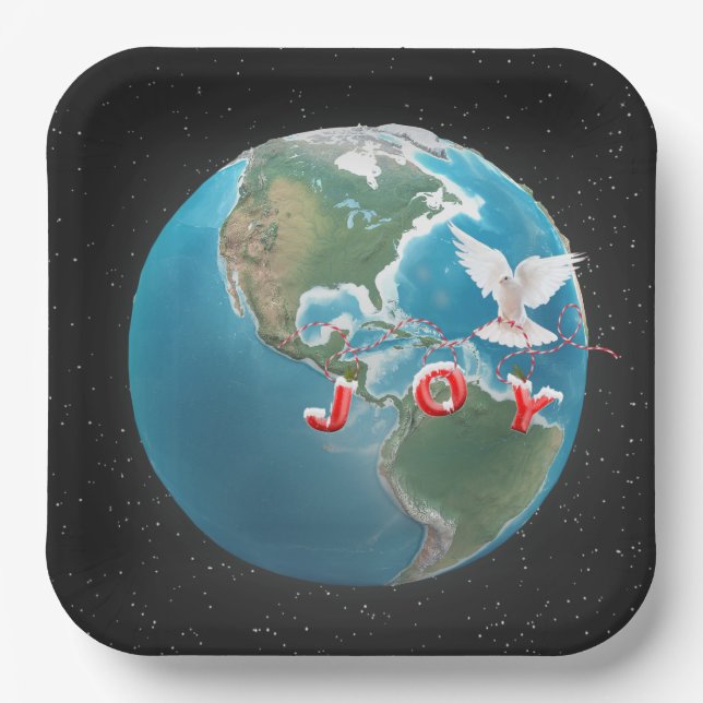 Christmas JOY with White Dove on World Paper Plate (Front)
