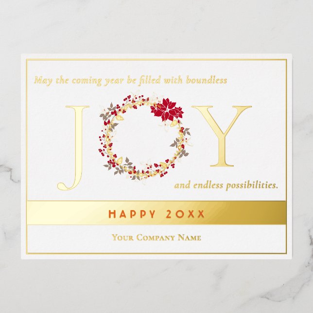 Christmas JOY Wreath Business  Foil Holiday Postcard (Front)