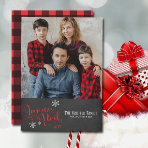 Christmas Joyeux Noel Snowflakes Buffalo Plaid Holiday Card
