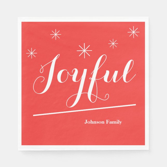 Christmas Joyful Custom Family Name Cute Red Napkin (Front)