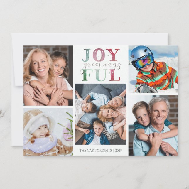 Christmas JOYFUL GREETINGS 5 Photos Watercolor Holiday Card (Front)