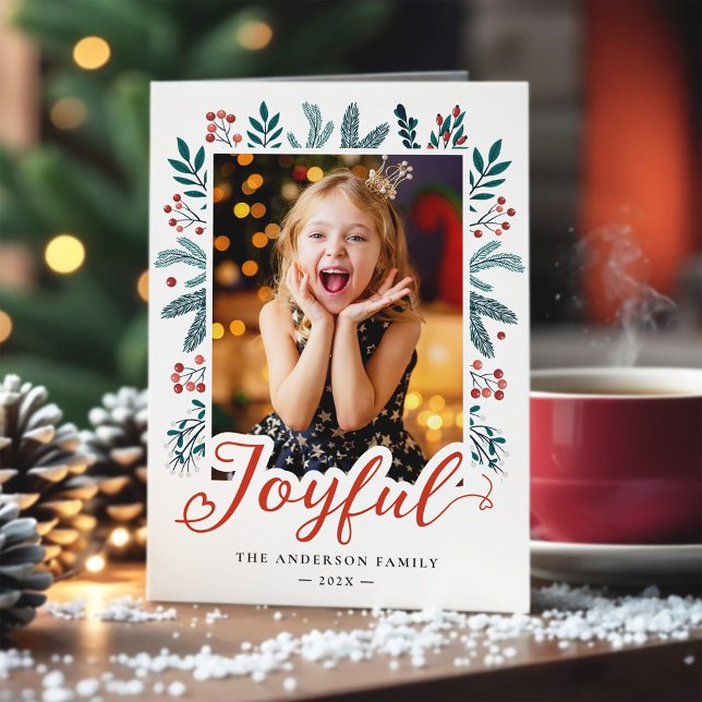 Christmas Joyful Script Holly Berries Photo Holiday Card (Creator Uploaded)