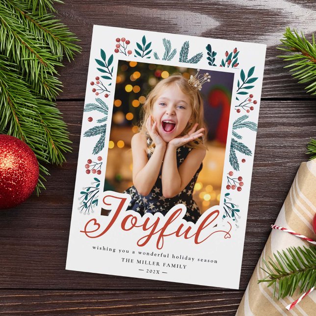 Christmas Joyful Script Holly Berries Photo Holiday Card (Creator Uploaded)
