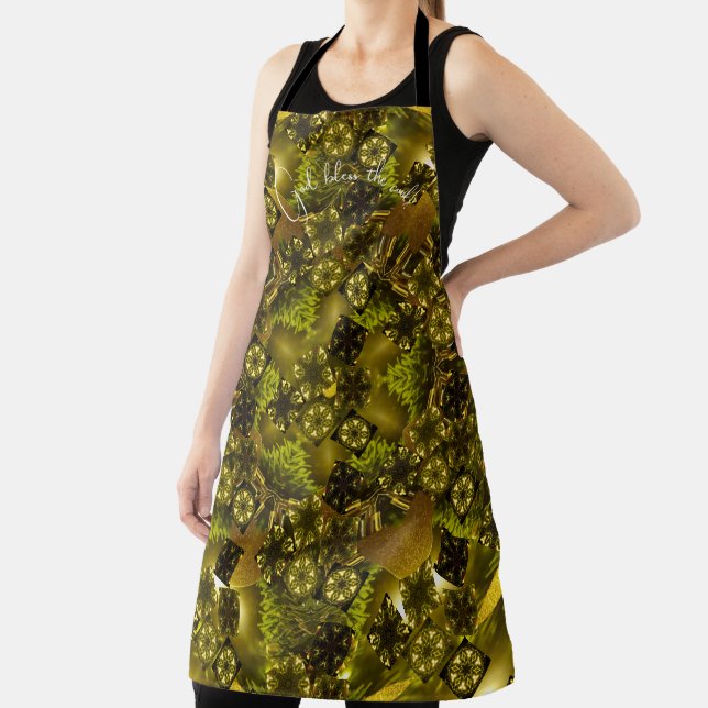 Christmas Kaleidoscope Sparkly Gold Green Hues Apron (Insitu)