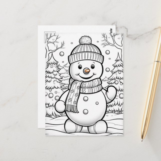 Christmas kids colouring snowman  postcard (Front/Back In Situ)