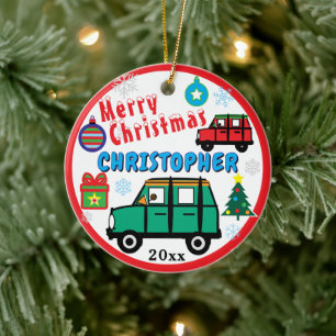 Christmas Kids PHOTO Name Green Red Cars Ceramic Tree Decoration