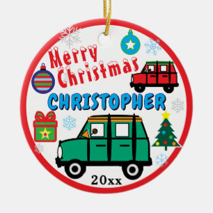 Christmas Kids PHOTO Name Green Red Cars Ceramic Tree Decoration