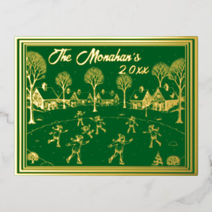 Christmas Kids Skating Scene in Gold with Green Foil Holiday Postcard