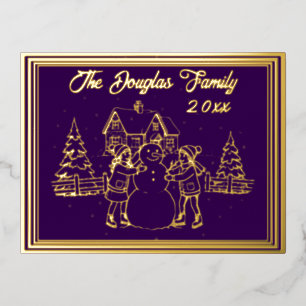 Christmas Kids Skating Scene in Gold with Purple Foil Holiday Postcard