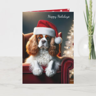 Christmas King Charles Spaniel On a Red Chair Holiday Card