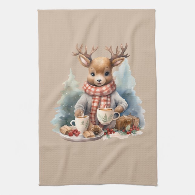 Christmas kitchen towel deer illustration rustic  (Vertical)