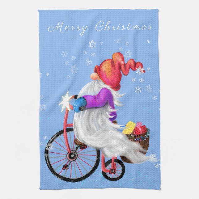Christmas Kitchen Towel Gnome with Bike and Gifts (Vertical)