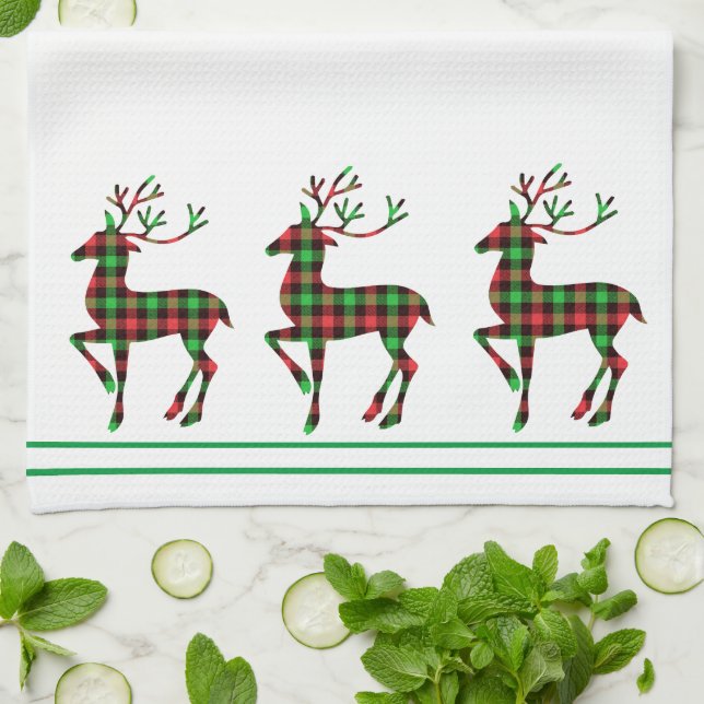 Christmas Kitchen Towel Red & Green plaid Deer (Folded)