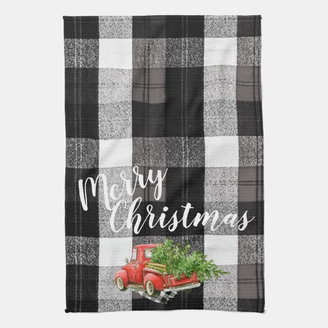 Christmas Kitchen Towel Red XMAS Truck Plaid (Vertical)