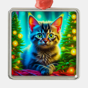 Christmas Kitten and Christmas Trees Metal Tree Decoration