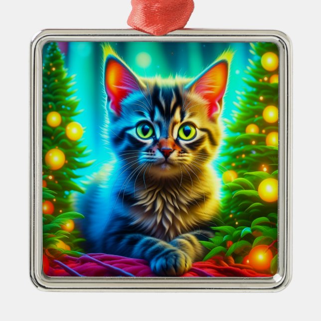 Christmas Kitten and Christmas Trees Metal Tree Decoration (Front)