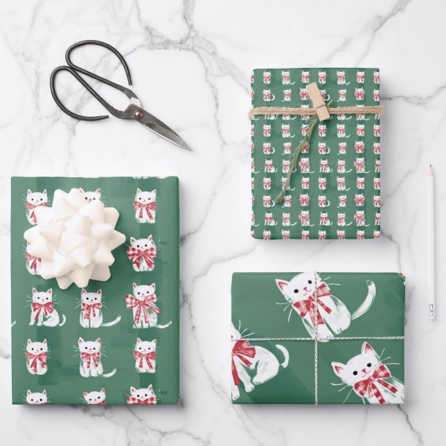 christmas kitten cat with a bow for gift giving wrapping paper sheet (Front)