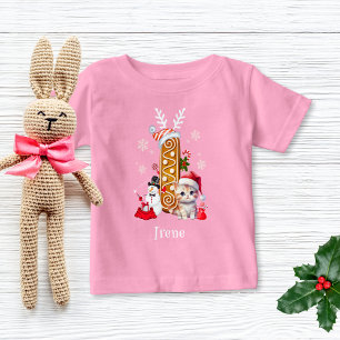 Christmas Kitten Gingerbread Name Letter I Girl  Baby T-Shirt