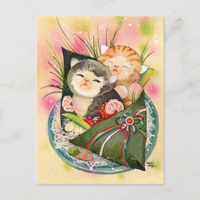 Christmas Kitten Handroll sushi Holiday Postcard (Front)