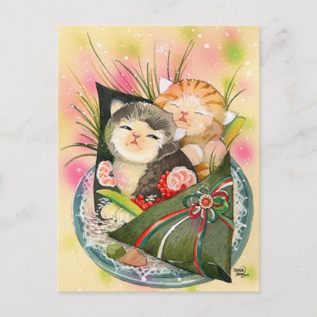 Christmas Kitten Handroll sushi Holiday Postcard (Front)
