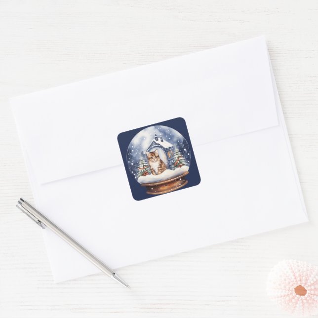 Christmas Kitten In A Snowglobe Square Sticker (Envelope)