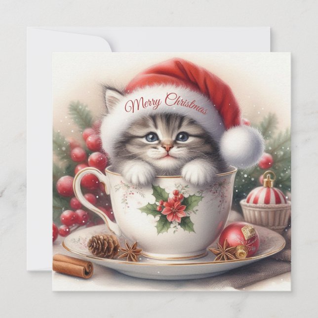 Christmas Kitten in a Teacup  Holiday Card (Front)