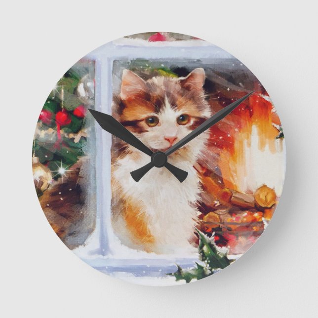 Christmas Kitten Round Clock (Front)