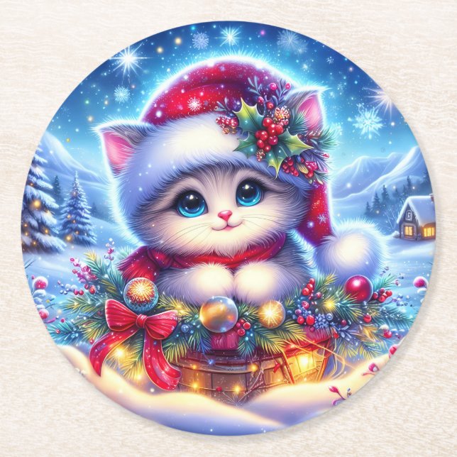 Christmas Kitten Round Coaster Gift (Front)